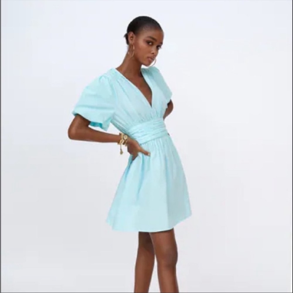 BNWT ZARA POPLIN MINI DRESS TURQUOISE V-NECK XS